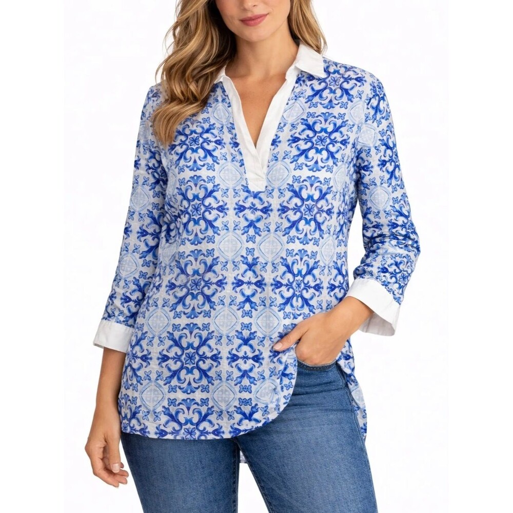 Isaac Mizrahi Blue White Printed 100% Linen Coastal Tunic Blouse Womens Sz Small